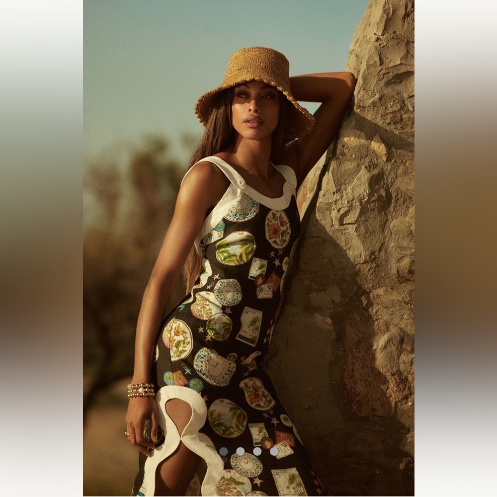 🎉RARE🎉 Farm Rio NWT Anthropologie Linen Scallop-Trim Slim Midi Dress size S. - Picture 4 of 16